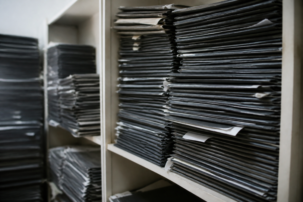 Dossiers de cliches radiologiques empiles dans une archive medicale