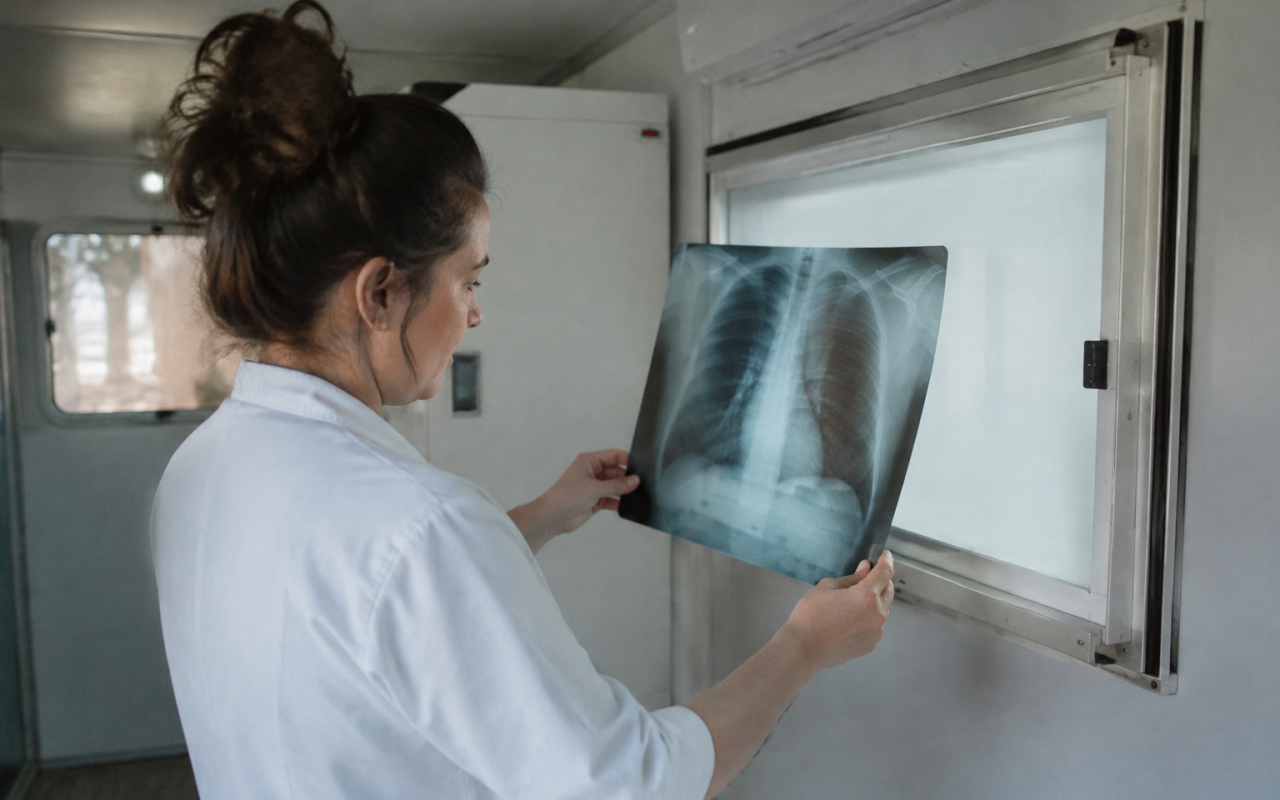Main posant radiographie dans conteneur medical specialise